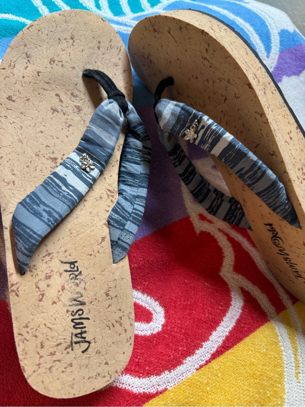 Jams World Striped Blue & Tan Cork Wedge Flip Flops with Flower Accent.